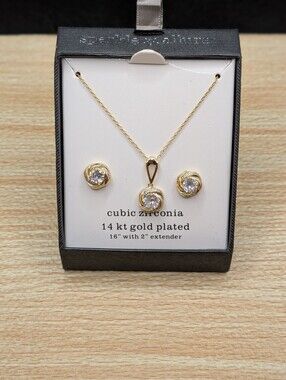 14kt Gold-Plated Cubic Zirconia Necklace & Stud Earring Set